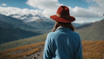 a girl looks at the mountains, seen from behind. wearing a hat and blue sweater.