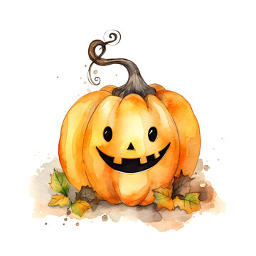 Cute cartoon watercolor halloween pumpkin on a transparent background