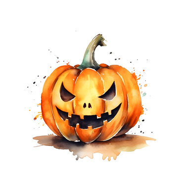 Cute cartoon watercolor halloween pumpkin on a transparent background