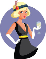 Vector Flapper Girl Holding Champagne Glass Celebrating New Year. Cheerful socialite having fun at a costume party
 - obrazy, fototapety, plakaty