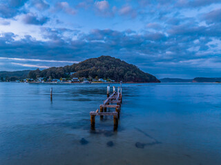 Aerial sunrise over Brisbane Water between Ettalong Beach and Wagstaffe