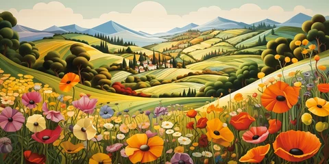 Poster field flowers village distance cartoon vast expansive landscape border © Cary