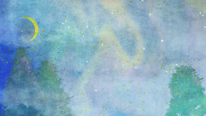 神秘的なオーロラの空に金の三日月とモミの木|和紙テクスチャクリスマス背景イラスト（ブルー） - obrazy, fototapety, plakaty