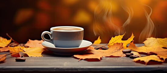 Naklejka na ściany i meble Craft cup of hot coffee amidst fallen yellow leaves.