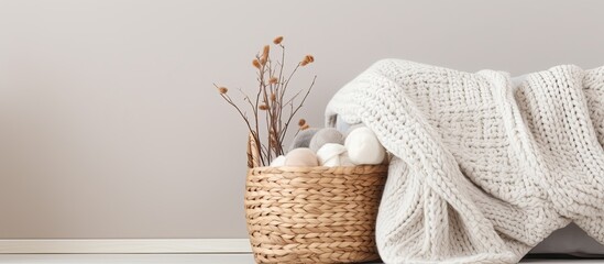 Chunky knit blanket stored in room with basket.