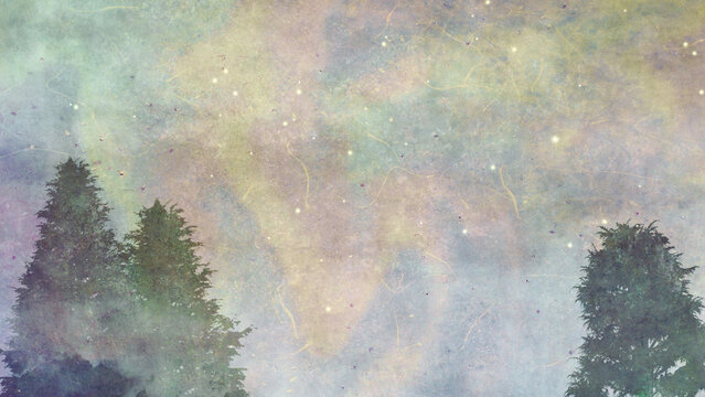 神秘的なオーロラの空とモミの木|和紙テクスチャクリスマス背景イラスト（ラベンダー）
