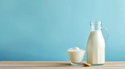 Foto op Plexiglas 青い背景に木製のテーブルの上に牛乳瓶と牛乳の入ったグラスGenerativeAI © enopi