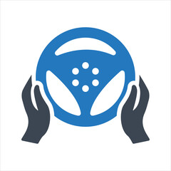 Steering wheel icon. Hands on steering wheel. Driver. Driving car icon