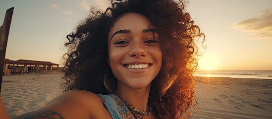Biracial woman with vitiligo embracing body positivity while taking sunset selfie.