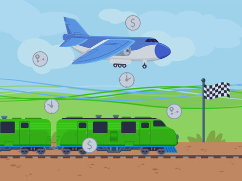 Travelling by airplane versus travelling by train vector illustration. Low-cost airlines, high-speed trains, competition. Means of transport, transportation concept