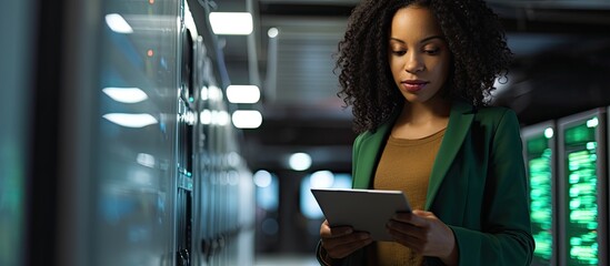 African American woman using tablet in modern data center hallway working with server rack.