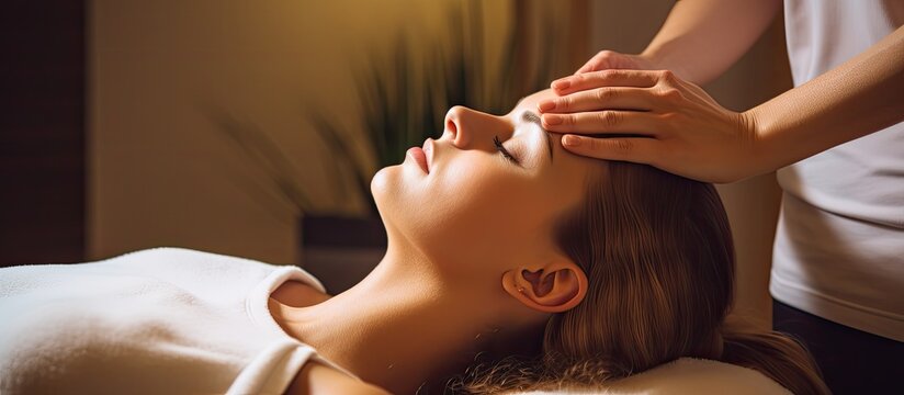 Woman Massaging Friend's Head At Bioenergy Therapy Workshop.