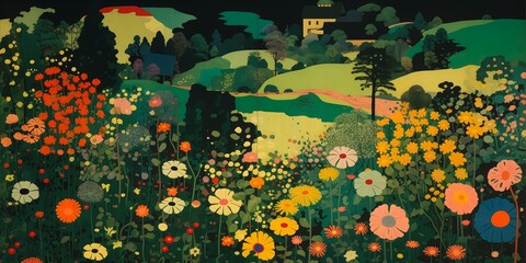 field flowers church distance mid century modern collage dense forest night alizarin curtains panel black courtesy museum farm