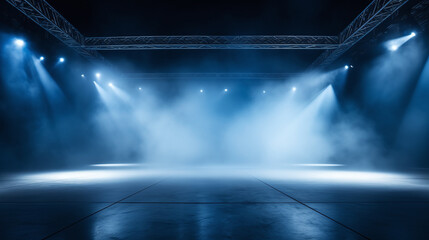 Empty stage with blue spotlights and smoke, ideal for concert, event, and theatre production...