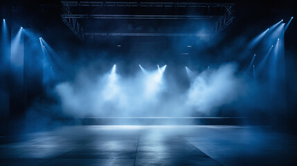 Modern stage with dramatic blue lighting and haze, perfect for presentations, events, and...