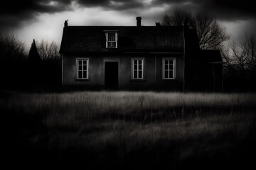 Horror scene with creepy old house and ghost shadow from the window, black and white high...