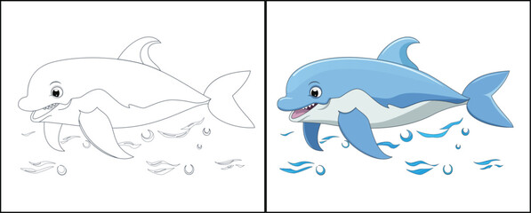 Coloring page for Dolphin vector illustration. Kindergarten children Coloring pages activity worksheet with cute Dolphin cartoon. Dolphin isolated on white background for color books.