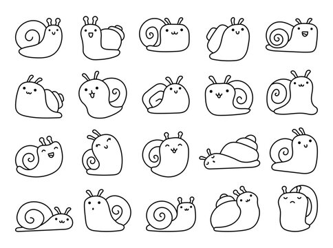 Cute cartoon kawaii snails. Coloring Page. Funny insect. Hand drawn style. Vector drawing. Collection of design elements.