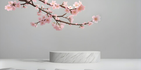 stone podium for product display with cherry blossom ai generated