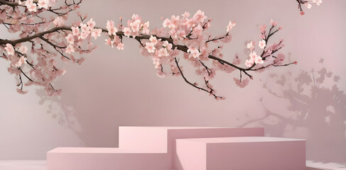 cherry blossoms with podium for product display mockup ai generated