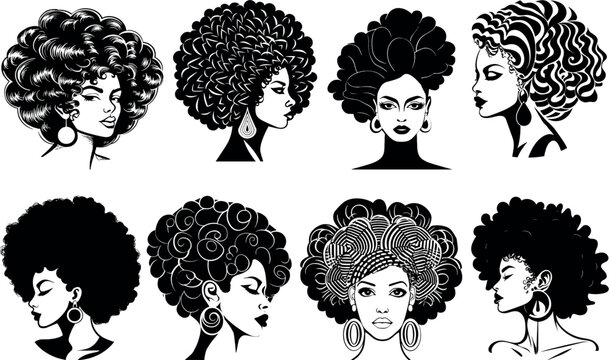 Vector African Woman Afro hairstyle silhouette set . black Illustration hairstyles for girls in various themes. African Head Tie Beauty Fashion Logo, Hand drawn collection V14