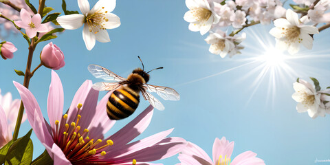 bee with spring flower background ai generated - obrazy, fototapety, plakaty