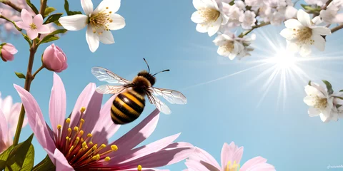 Fotobehang bee with spring flower background ai generated © XMind