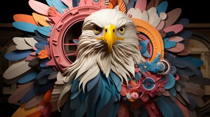 Fototapeta premium Vibrant hues dance across the majestic wings of a soaring eagle, captured in a stunning sculpture of artistic prowess and untamed beauty