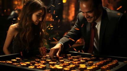 A scene from a casino with people playing various games, including poker and roulette. The image captures the excitement and social aspect of casino entertainment
