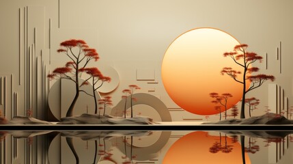A vibrant painting of a lush landscape, adorned with blooming flowers and towering trees, basking in the warm glow of a radiant sun as its reflection dances on the indoor wall