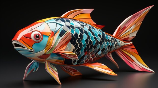 Mesmerizing hues of a golden finned creature dance in an abyss of darkness, evoking a sense of enchantment and wonder in this striking fish sculpture