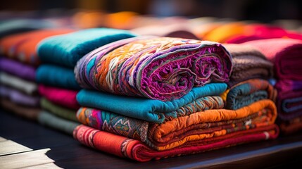 A vibrant display of woven thread, rich textiles, and soft fibers come together to create a kaleidoscope of colors, inviting you to snuggle up under a sea of purple cloths