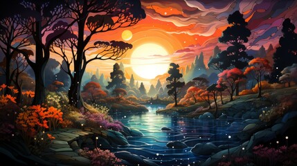Fototapeta na wymiar An ethereal landscape painting of a majestic tree-lined river flowing into a fiery sunset, surrounded by a wild reef, evoking a sense of natural beauty and untamed wonder in the great outdoors