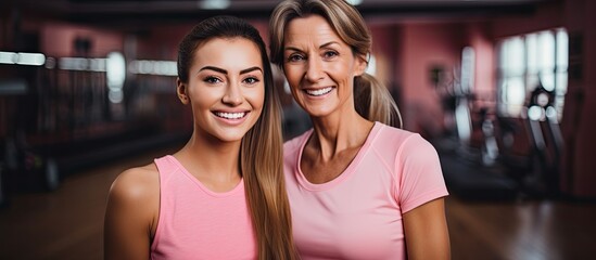 Mother and daughter, both in matching pink shirts, with yoga mats in a gym.