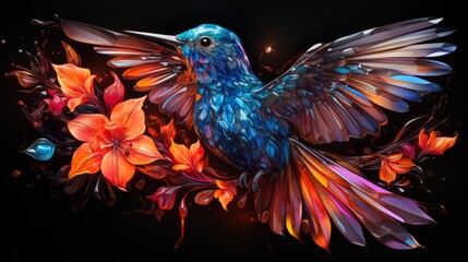 Fototapeta premium A vibrant bird takes flight, its intricate feathers a canvas of blooming flowers in a stunning display of living art