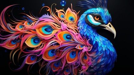 Obraz premium An exquisitely crafted paper peacock, bursting with vibrant hues and majestic feathers, captures the wild spirit of the proud peafowl in its intricate design