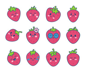 Cute happy strawberry character emoticon. Kawaii cartoon fruit. Hand drawn style. Vector drawing. Collection of design elements.