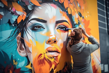 a woman painting graffiti on a wall in street 