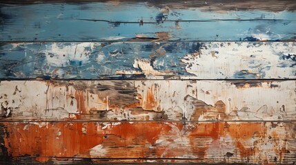 Rusted edges and abstract swirls of peeling paint dance on a wooden plank, evoking a sense of...
