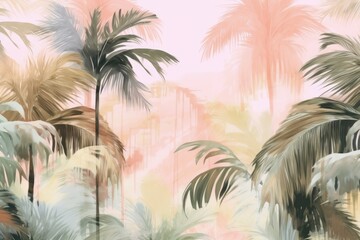 Tropical plants and palm trees, for  texture background photo wallpaper. Pastel colours. Wallpaper pattern painted in watercolour. Generative AI