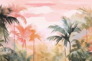 Fototapeta na wymiar Tropical plants and palm trees, for texture background photo wallpaper. Pastel colours. Wallpaper pattern painted in watercolour. Generative AI