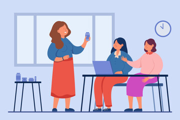 Woman with cream jar giving presentation of items for skin care. Vector illustration. Beauty care workshop, seminar on skincare, health lifestyle concept