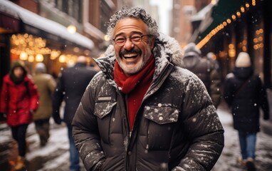 Obraz premium a man's smiling as he walks down the street in Christmas snowing day