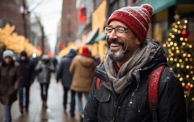 a man's smiling as he walks down the street in Christmas snowing day