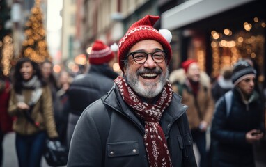 Fototapeta premium a man's smiling as he walks down the street in Christmas snowing day