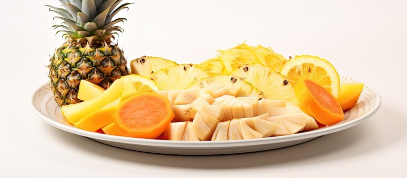 White plate with pineapples, pomelos, and jackfruits.