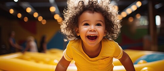 Active toddler enjoying trampoline at indoor play area.