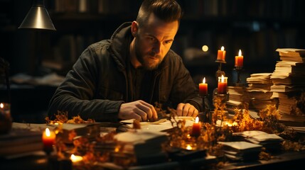 Businessman sitting at a table with a glass of whiskey, appearing thoughtful, possibly celebrating or engaged in deep thinking