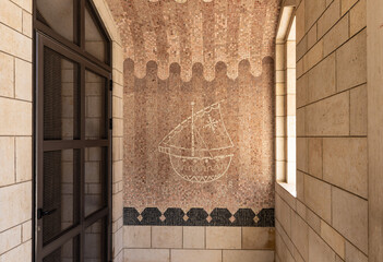 Decorative mosaic depicting a sailing boat on the wall of the Church of the Annunciation in the...