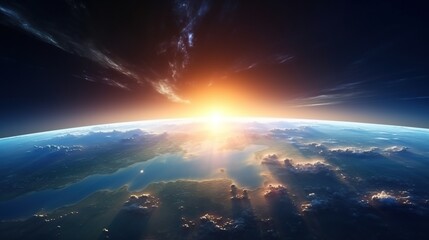 Beautiful sunrise over earth as seen from orbit space view. Created with Generative AI - obrazy, fototapety, plakaty